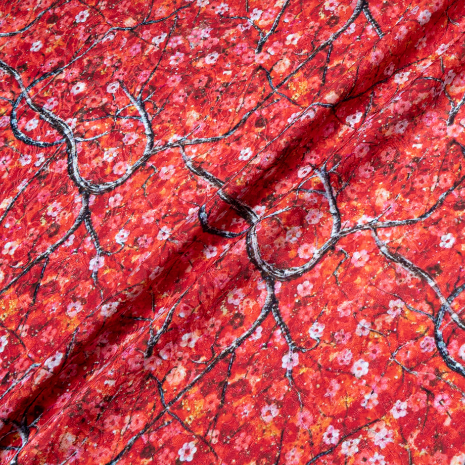 Petite Floral Printed Red Pure Silk Jacquard