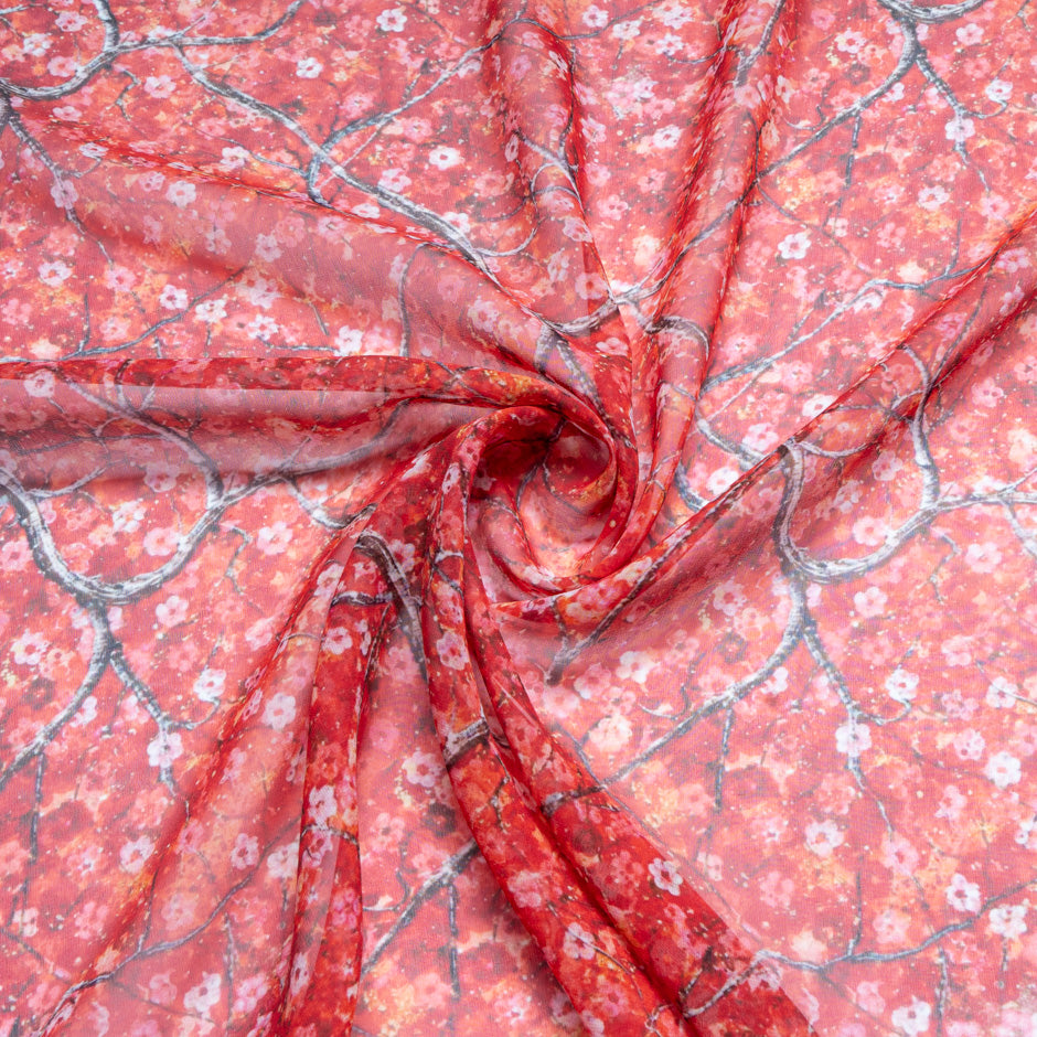 Petite Floral Printed Red Pure Silk Georgette