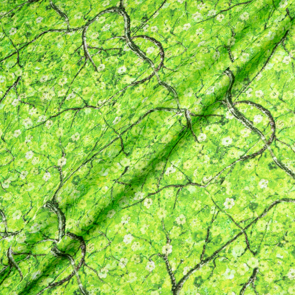 Petite Floral Printed Green Pure Silk Jacquard