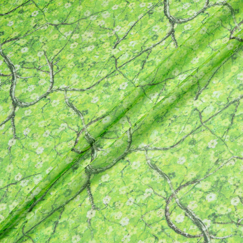 Petite Floral Printed Green Pure Silk Georgette