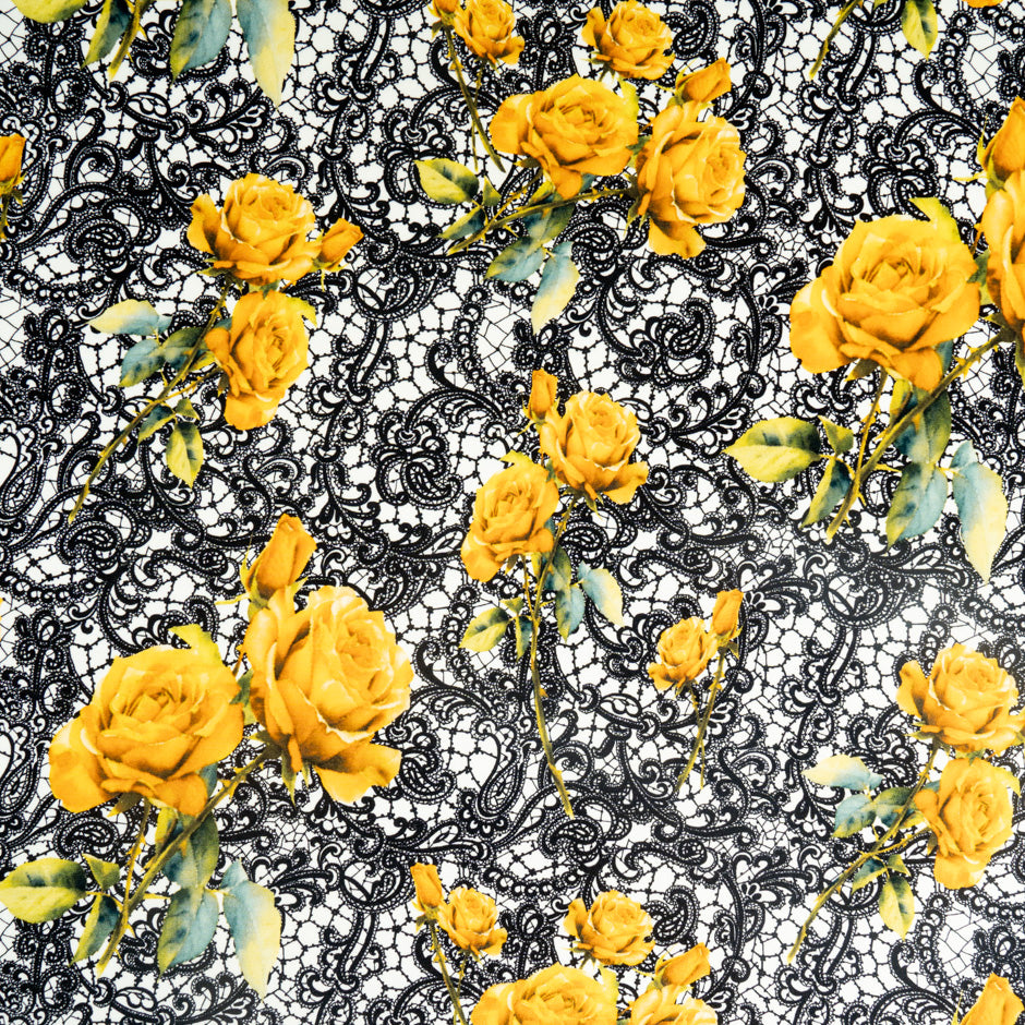 Yellow Rose &  Black Lace Printed Pure Silk Crêpe