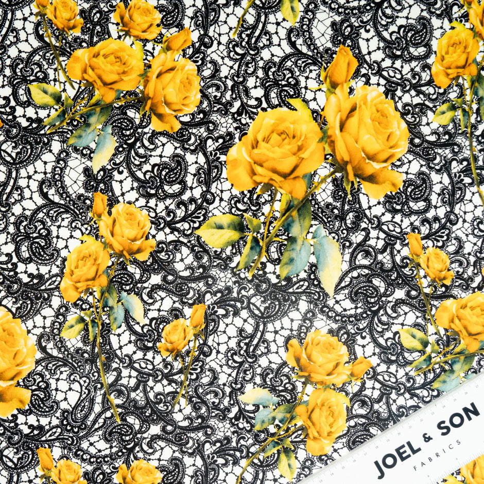 Yellow Rose &  Black Lace Printed Pure Silk Crêpe