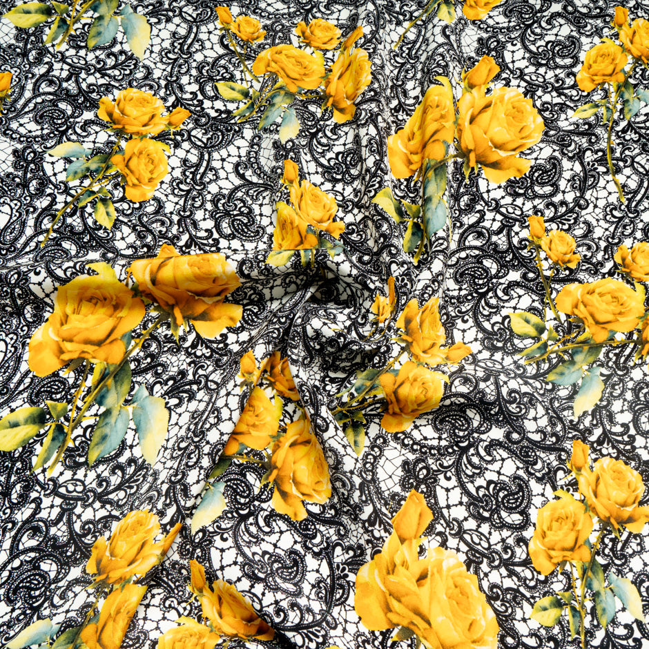 Yellow Rose &  Black Lace Printed Pure Silk Crêpe