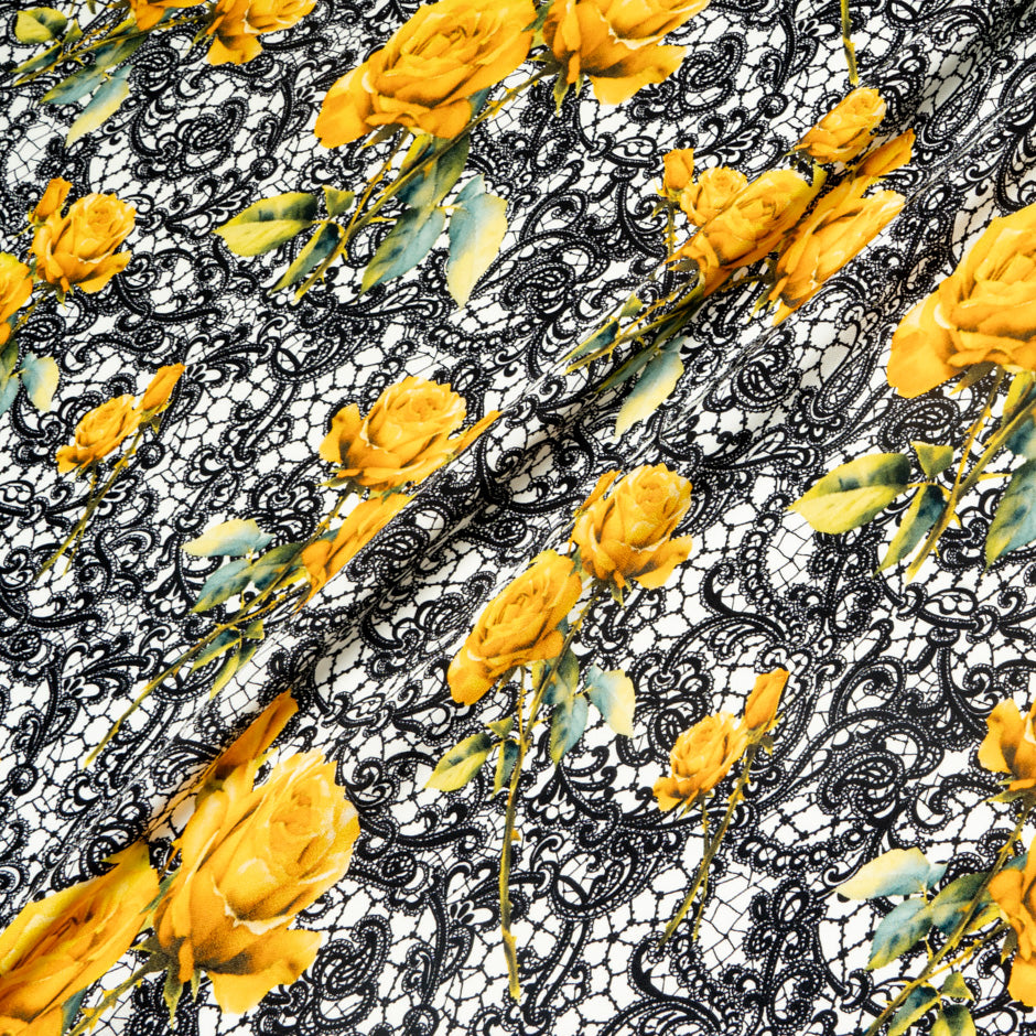 Yellow Rose &  Black Lace Printed Pure Silk Crêpe