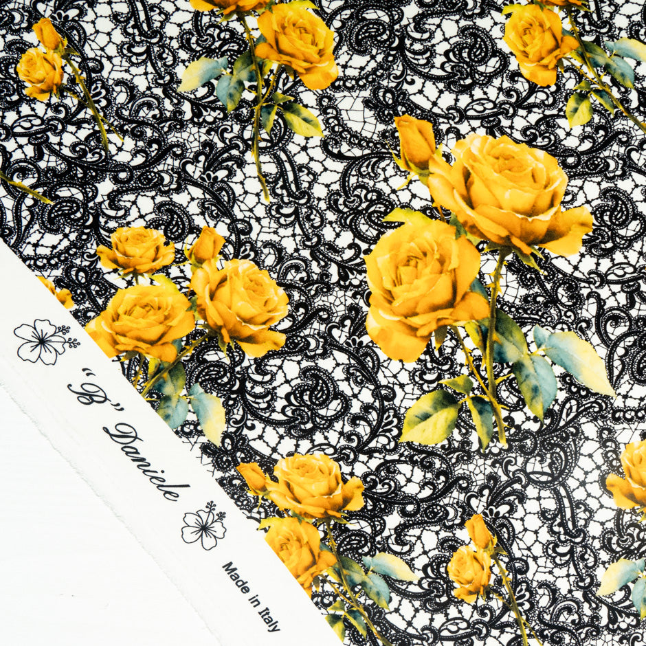 Yellow Rose &  Black Lace Printed Pure Silk Crêpe