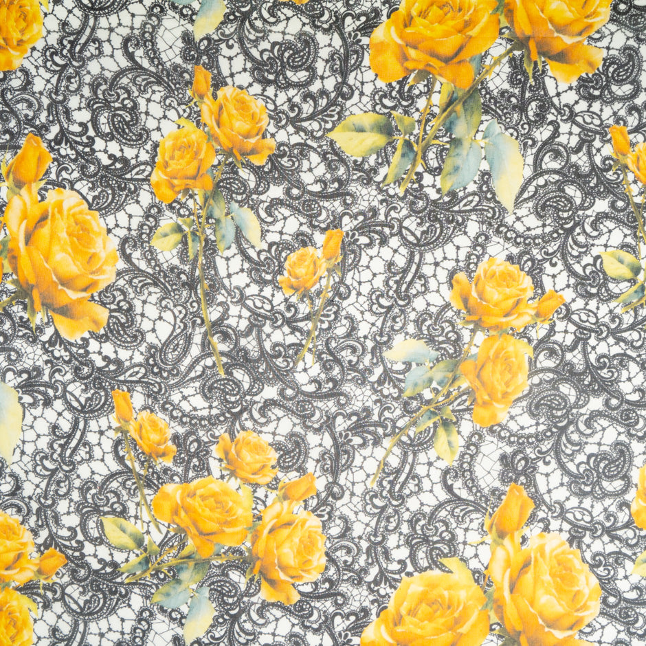 Yellow Rose & Black Lace Printed Pure Silk Georgette