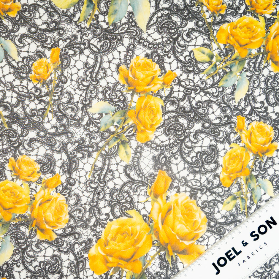 Yellow Rose & Black Lace Printed Pure Silk Georgette