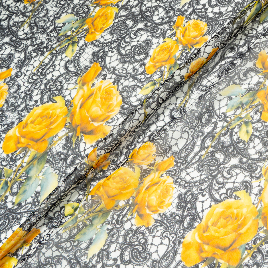 Yellow Rose & Black Lace Printed Pure Silk Georgette