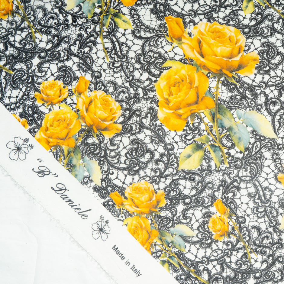 Yellow Rose & Black Lace Printed Pure Silk Georgette