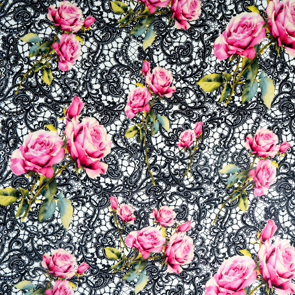 Pink Rose & Black Lace Printed Pure Silk Crêpe