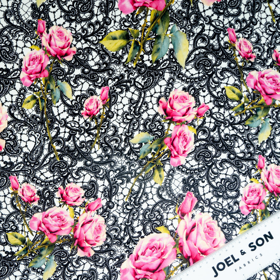 Pink Rose & Black Lace Printed Pure Silk Crêpe