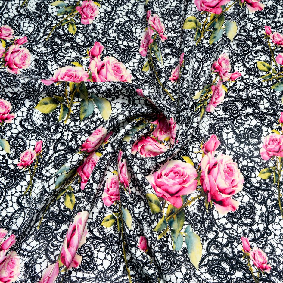 Pink Rose & Black Lace Printed Pure Silk Crêpe