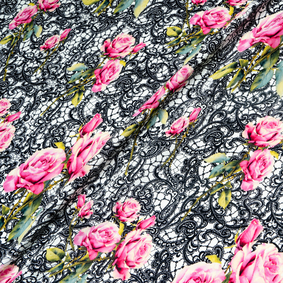 Pink Rose & Black Lace Printed Pure Silk Crêpe