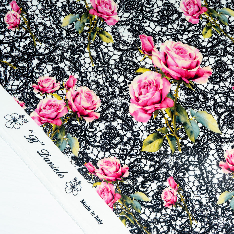 Pink Rose & Black Lace Printed Pure Silk Crêpe