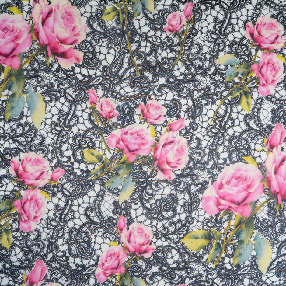 Pink Rose & Black Lace Printed Pure Silk Georgette