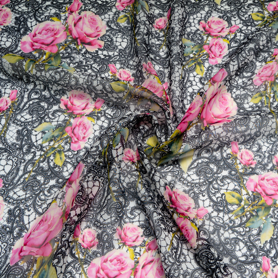 Pink Rose & Black Lace Printed Pure Silk Georgette