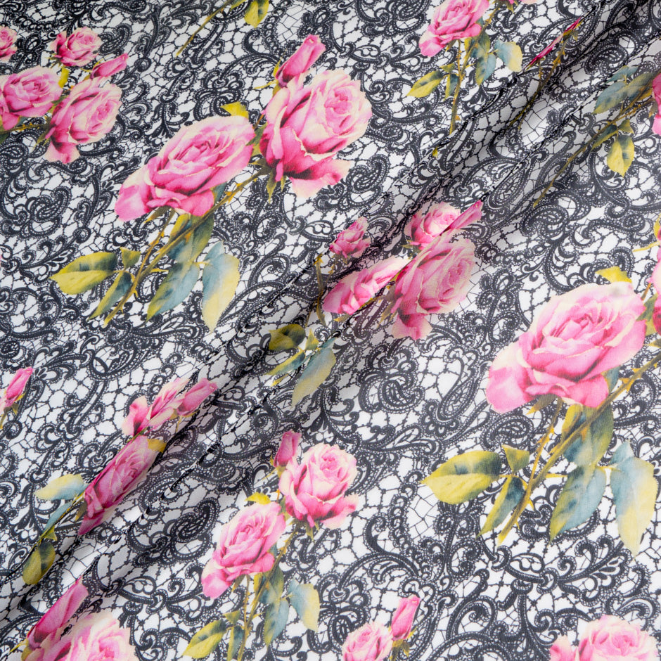 Pink Rose & Black Lace Printed Pure Silk Georgette