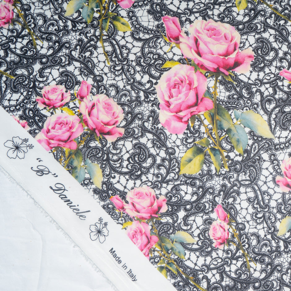 Pink Rose & Black Lace Printed Pure Silk Georgette