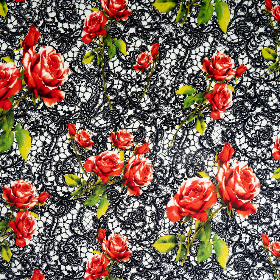 Red Rose & Black Lace Printed Pure Silk Crêpe