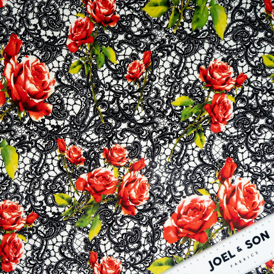 Red Rose & Black Lace Printed Pure Silk Crêpe