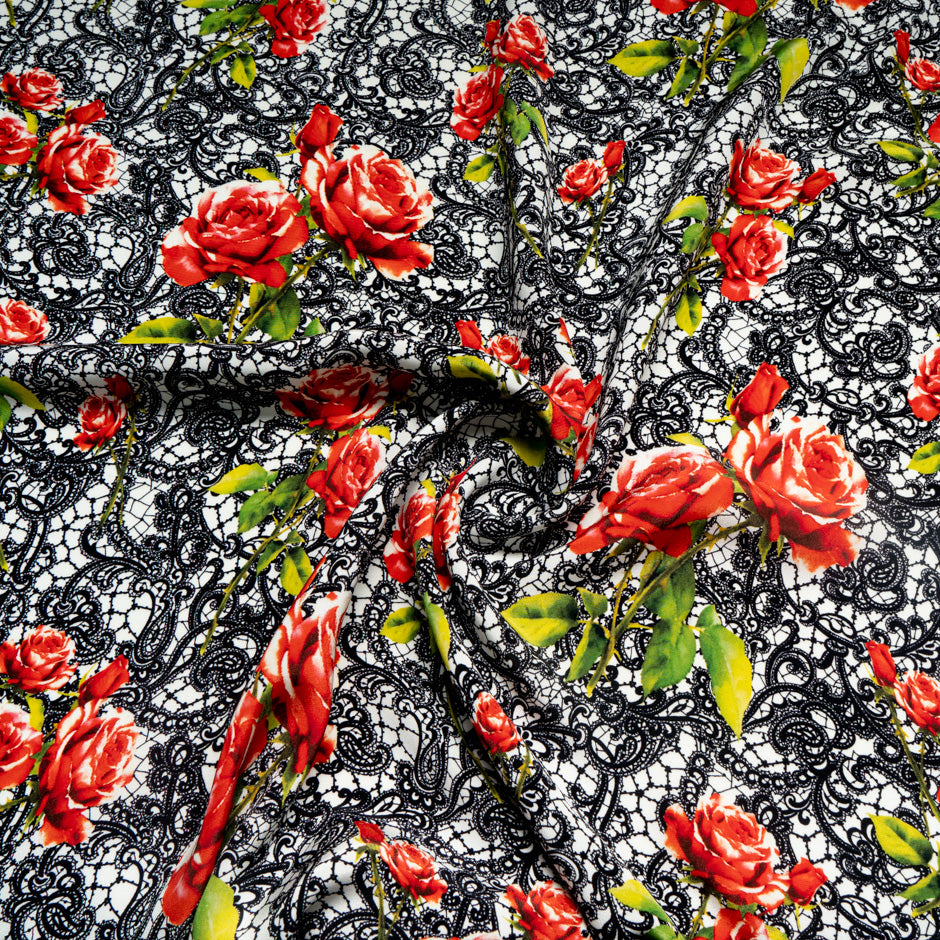 Red Rose & Black Lace Printed Pure Silk Crêpe