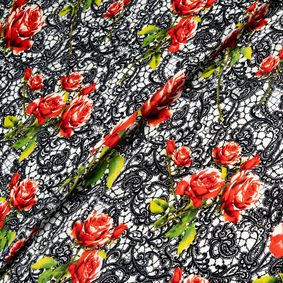 Red Rose & Black Lace Printed Pure Silk Crêpe