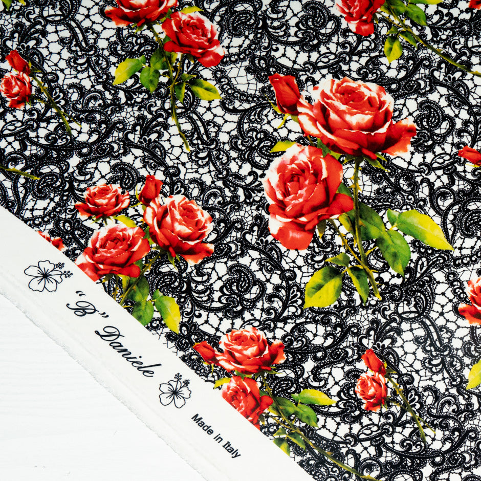 Red Rose & Black Lace Printed Pure Silk Crêpe