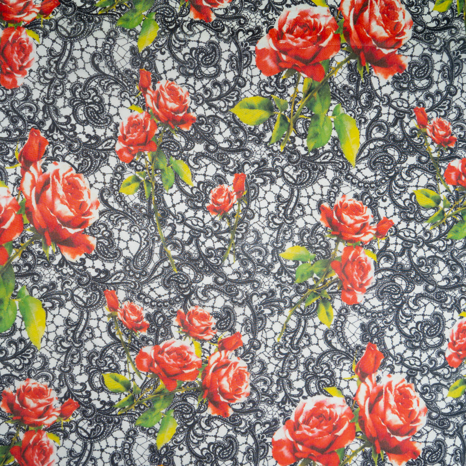 Red Rose & Black Lace Printed Pure Silk Georgette