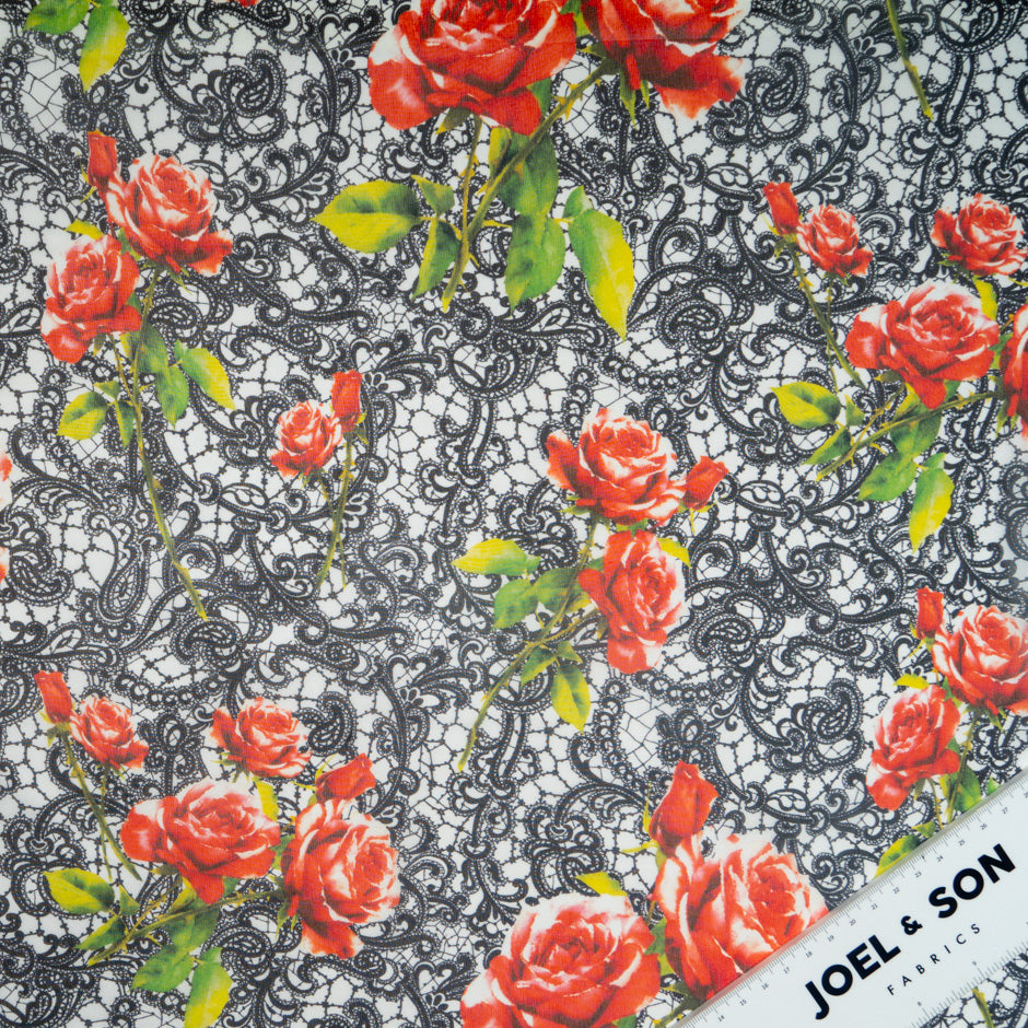 Red Rose & Black Lace Printed Pure Silk Georgette