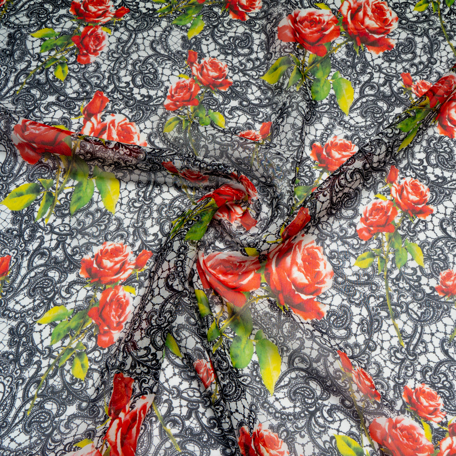 Red Rose & Black Lace Printed Pure Silk Georgette