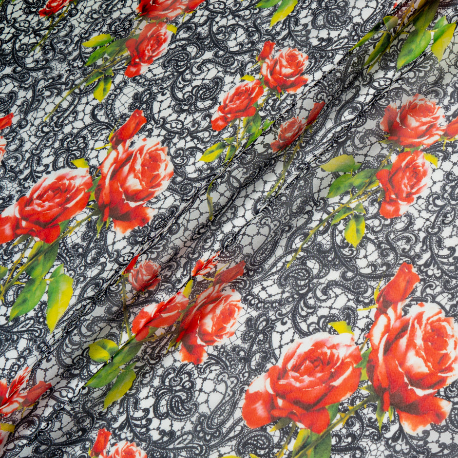 Red Rose & Black Lace Printed Pure Silk Georgette