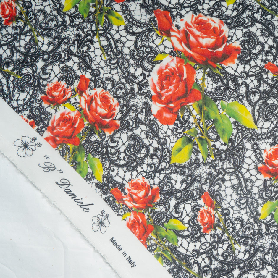 Red Rose & Black Lace Printed Pure Silk Georgette