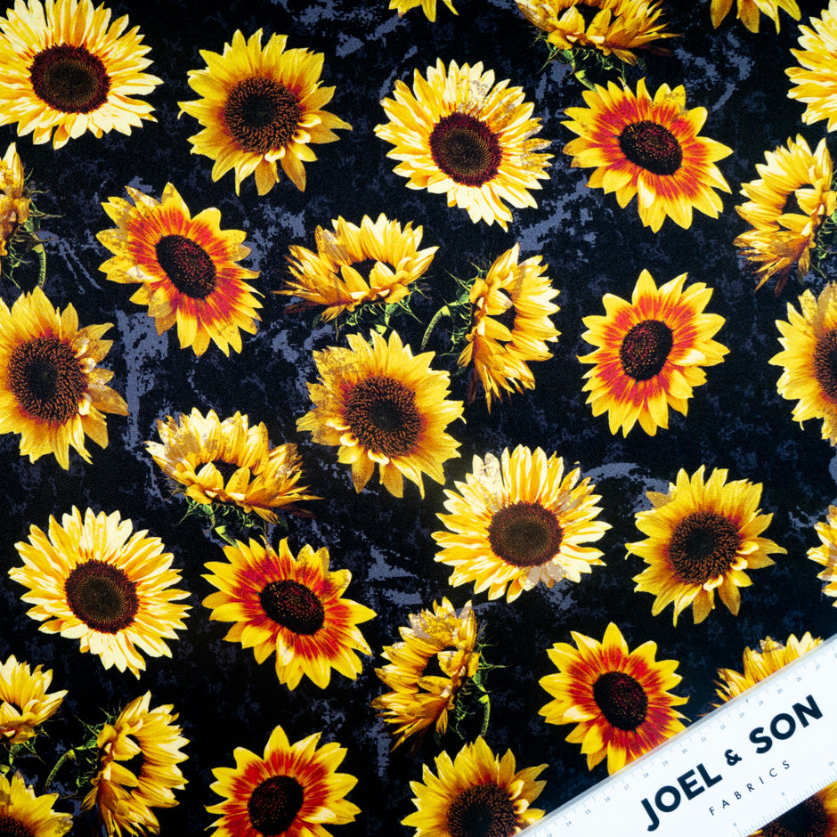 Sunflower Printed Black Pure Silk Satin