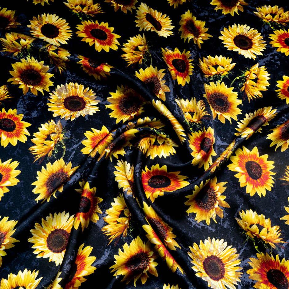 Sunflower Printed Black Pure Silk Satin