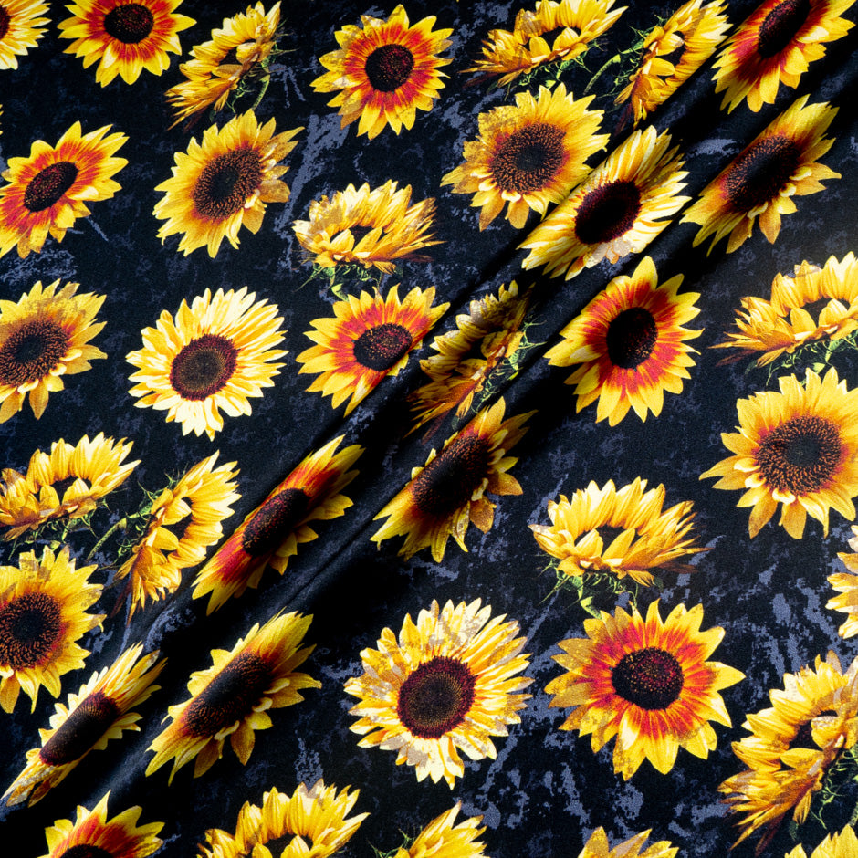 Sunflower Printed Black Pure Silk Satin