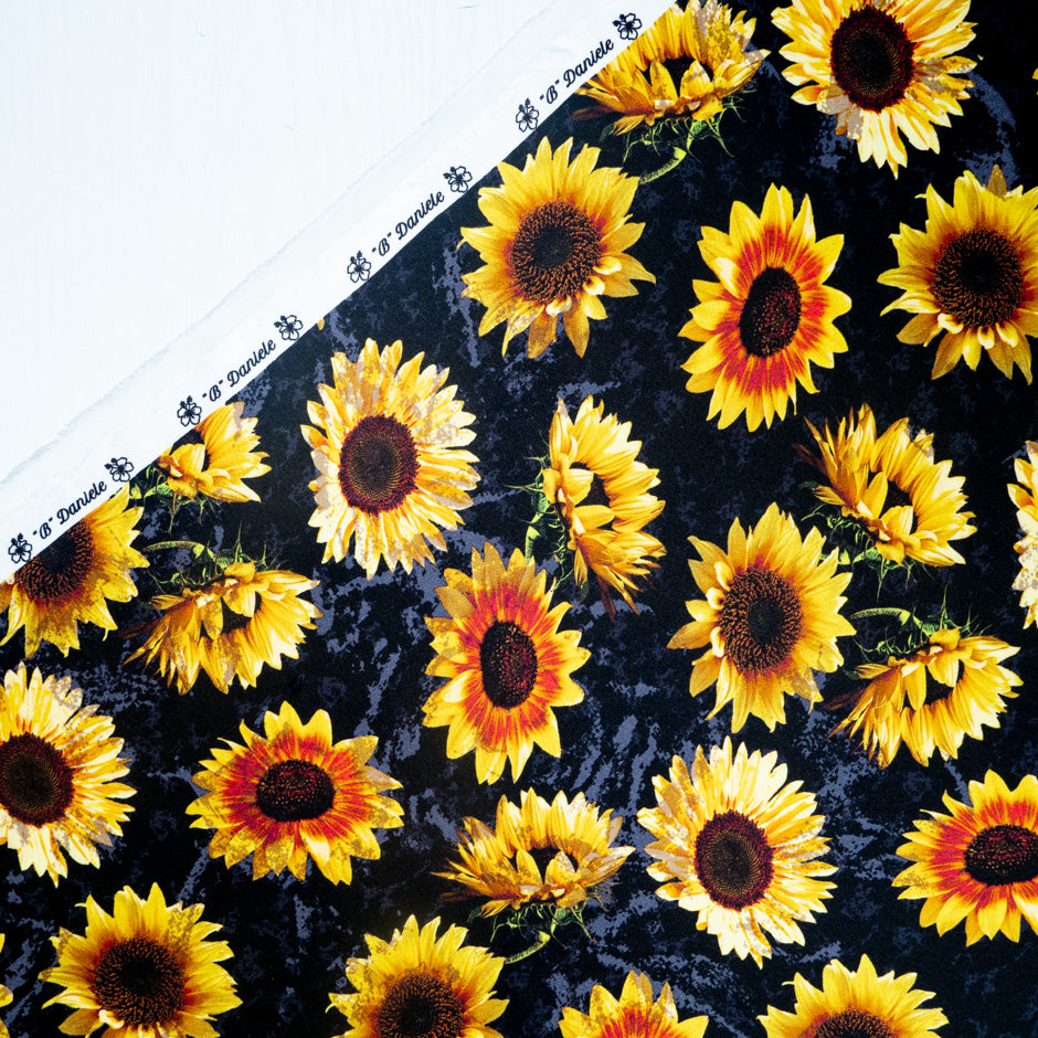 Sunflower Printed Black Pure Silk Satin