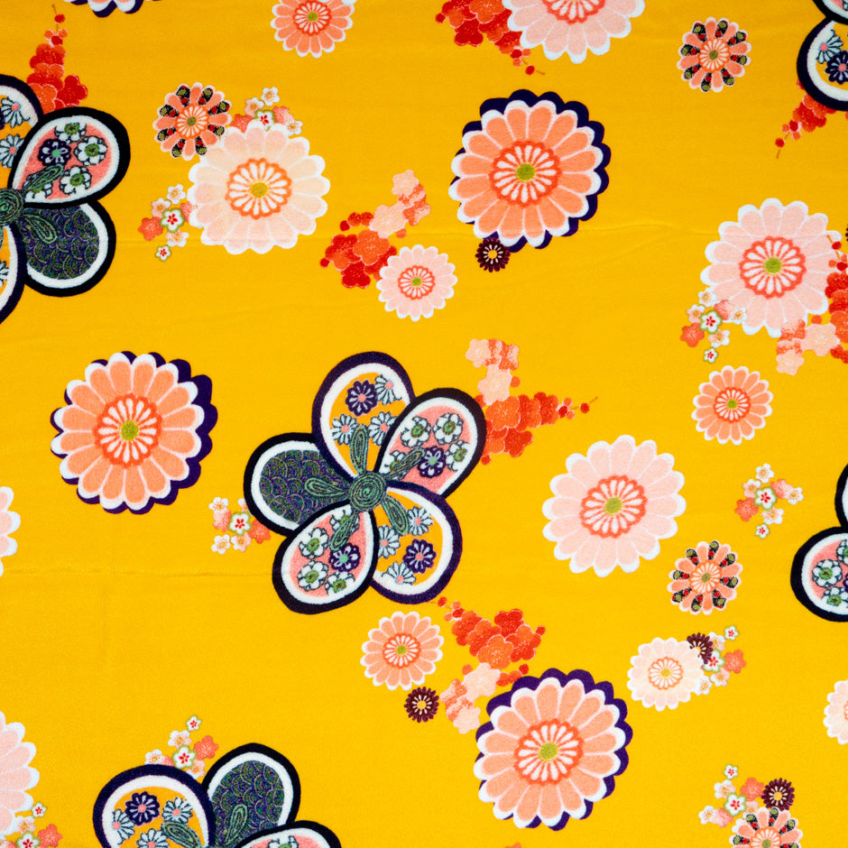 Multi-Coloured Printed Deep Yellow Crêpe de Chine