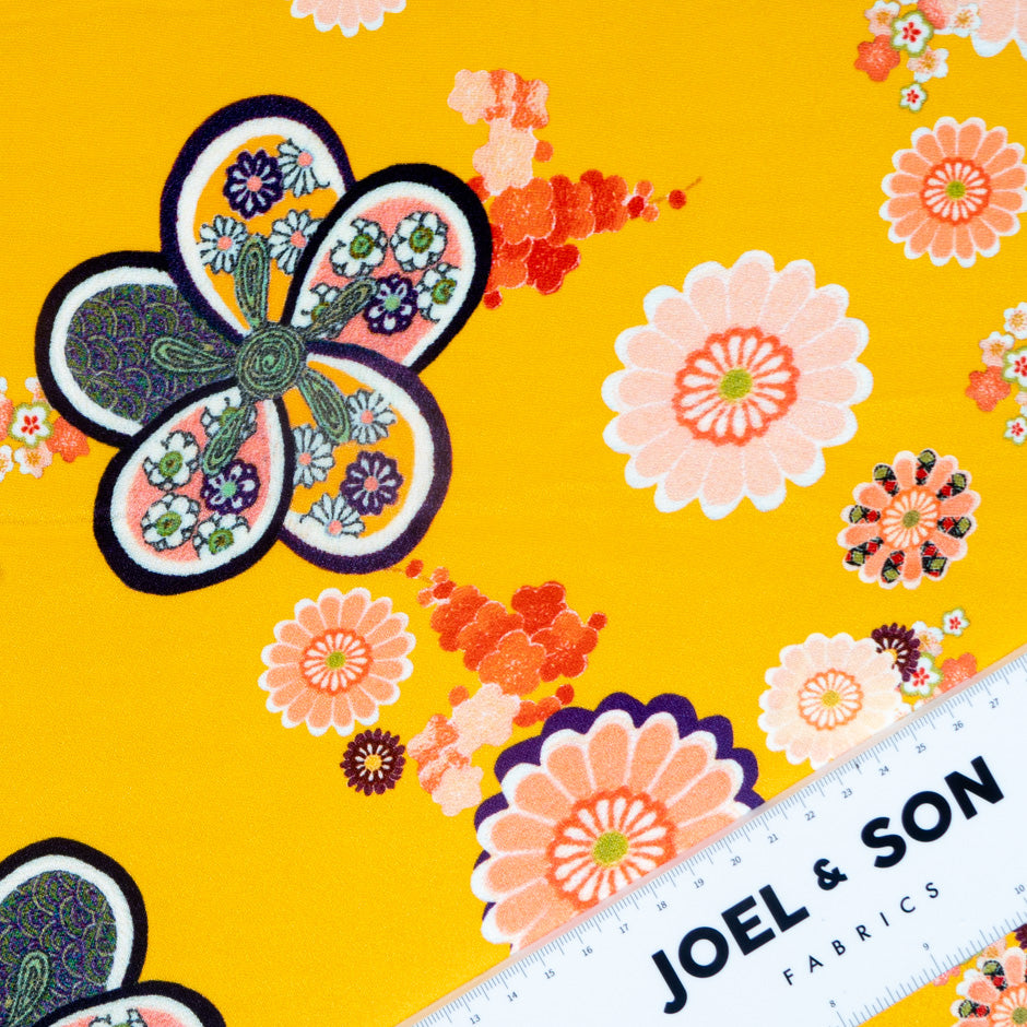 Multi-Coloured Printed Deep Yellow Crêpe de Chine