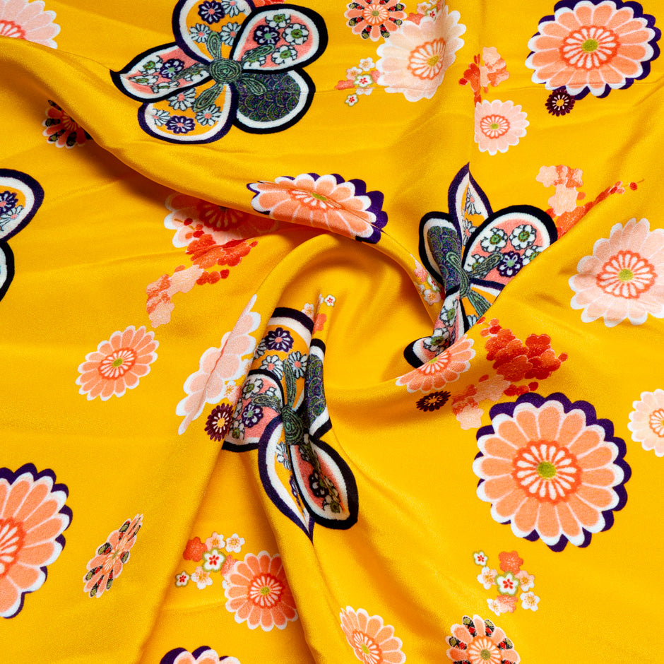 Multi-Coloured Printed Deep Yellow Crêpe de Chine