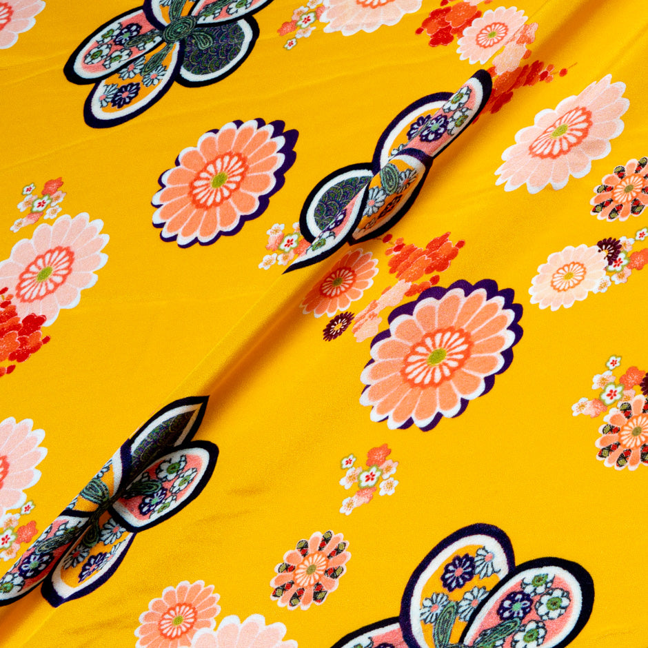 Multi-Coloured Printed Deep Yellow Crêpe de Chine