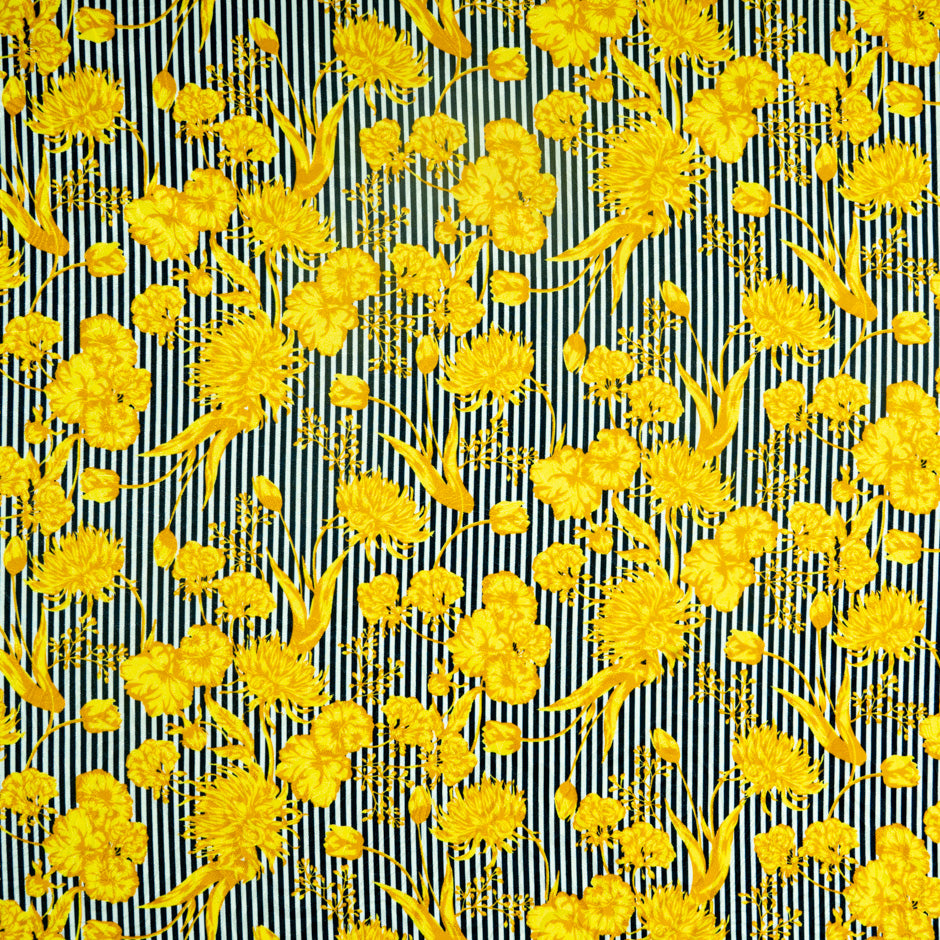 Yellow Floral Black Striped Pure Silk Jacquard (A 1.35m Piece)