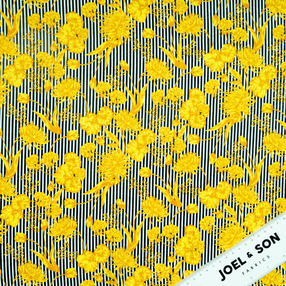 Yellow Floral Black Striped Pure Silk Jacquard (A 1.35m Piece)