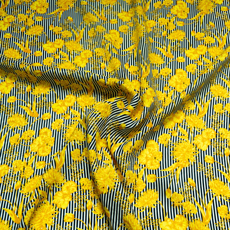 Yellow Floral Black Striped Pure Silk Jacquard (A 1.35m Piece)