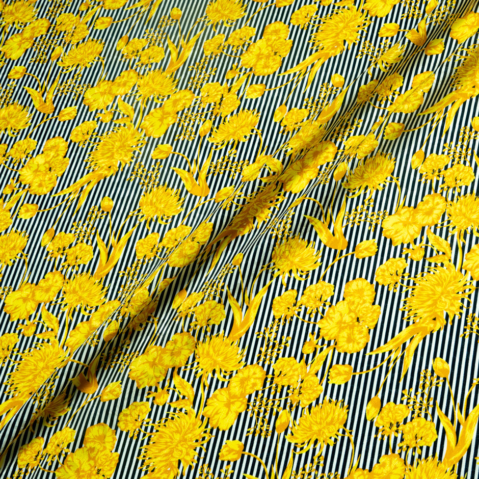 Yellow Floral Black Striped Pure Silk Jacquard (A 1.35m Piece)
