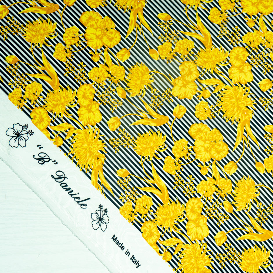 Yellow Floral Black Striped Pure Silk Jacquard (A 1.35m Piece)