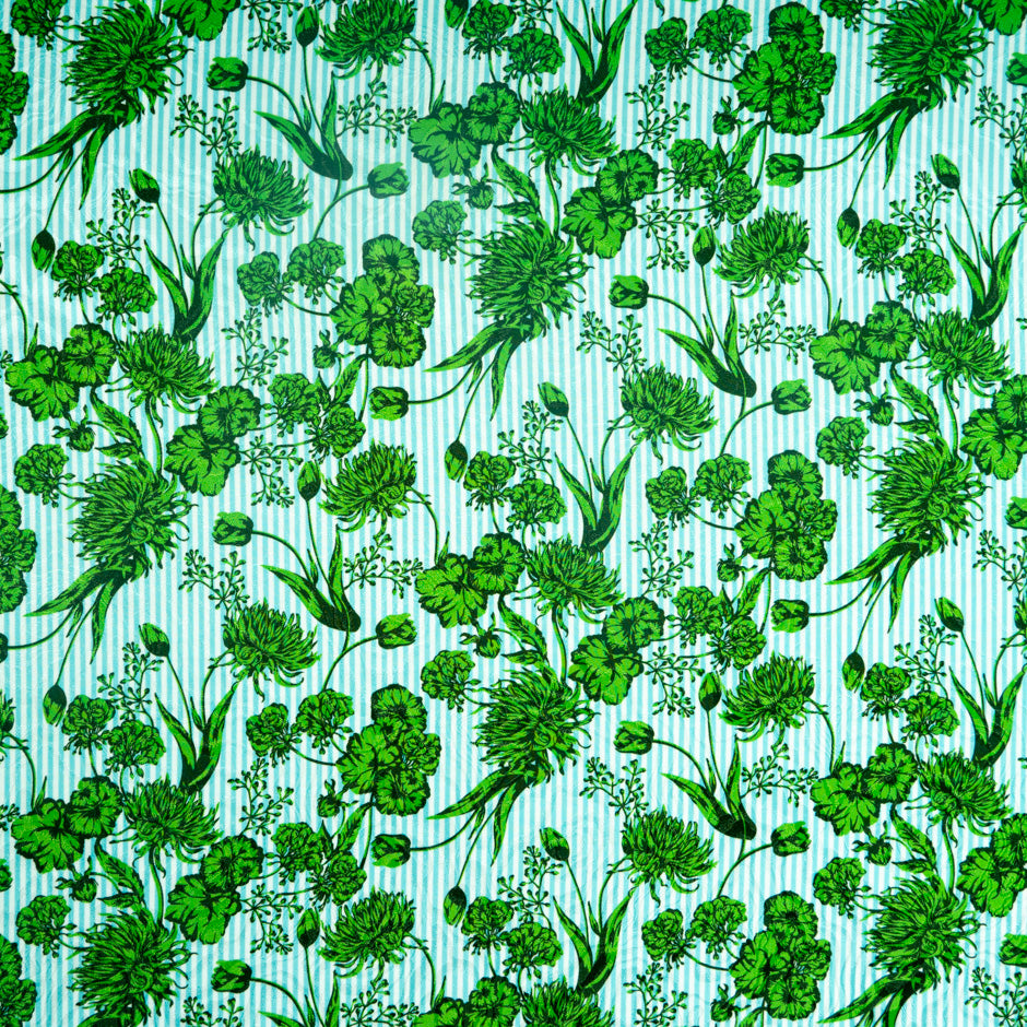 Green Floral Blue Striped Pure Silk Jacquard