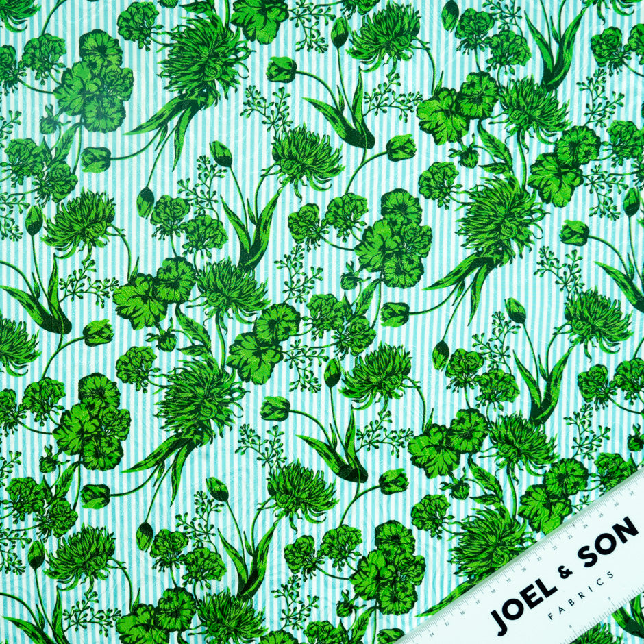 Green Floral Blue Striped Pure Silk Jacquard
