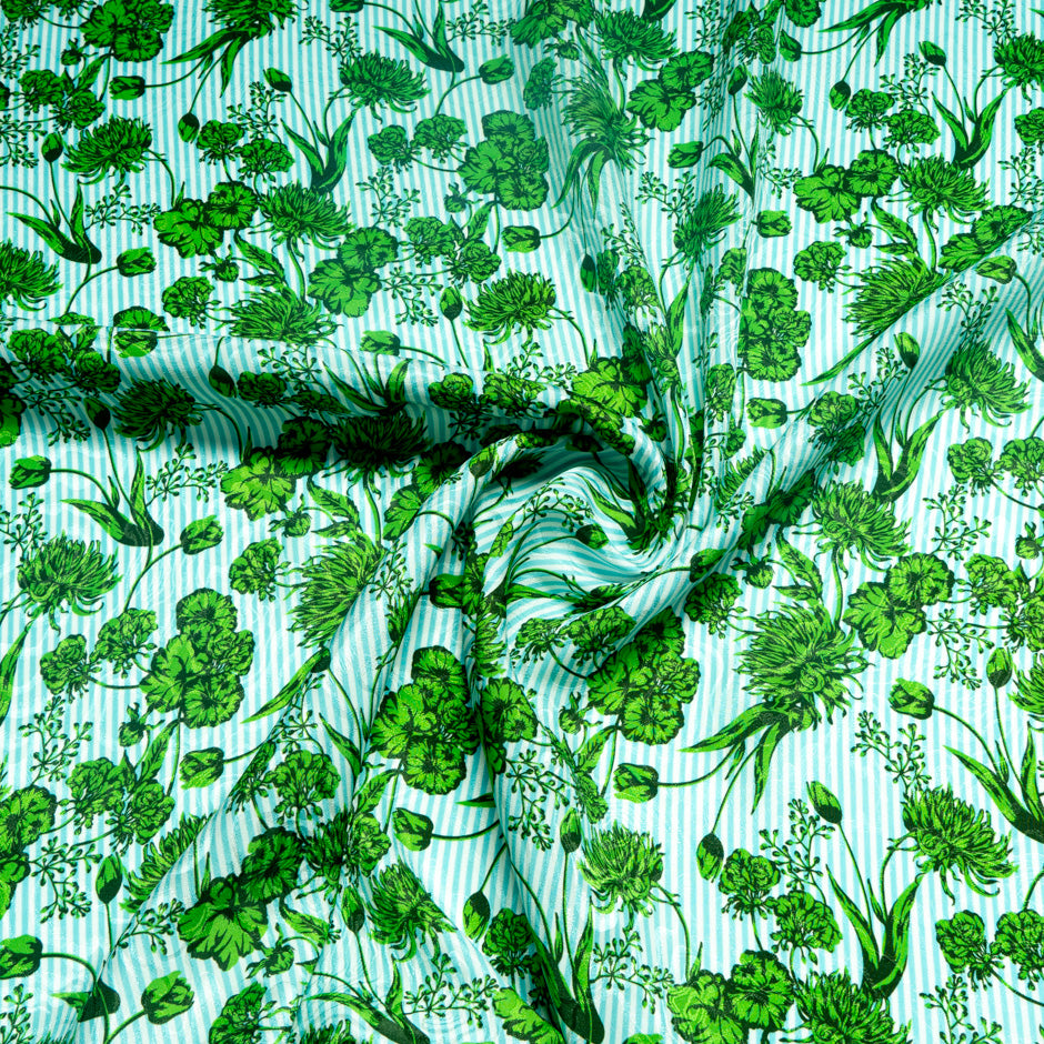 Green Floral Blue Striped Pure Silk Jacquard