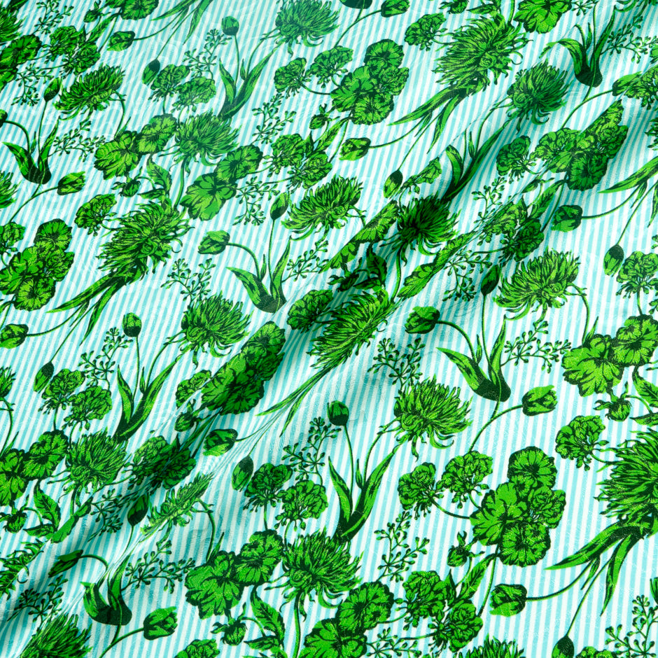 Green Floral Blue Striped Pure Silk Jacquard