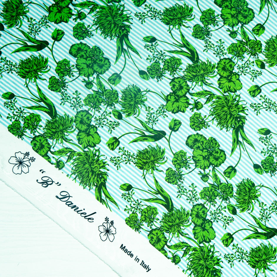 Green Floral Blue Striped Pure Silk Jacquard